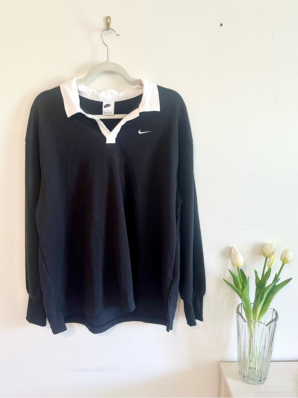 Nike Sportswear Essentials Oversized Polo Sweatshirt Small Black White Rugby Top